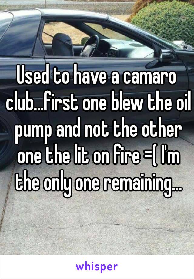 Used to have a camaro club...first one blew the oil pump and not the other one the lit on fire =( I'm the only one remaining...