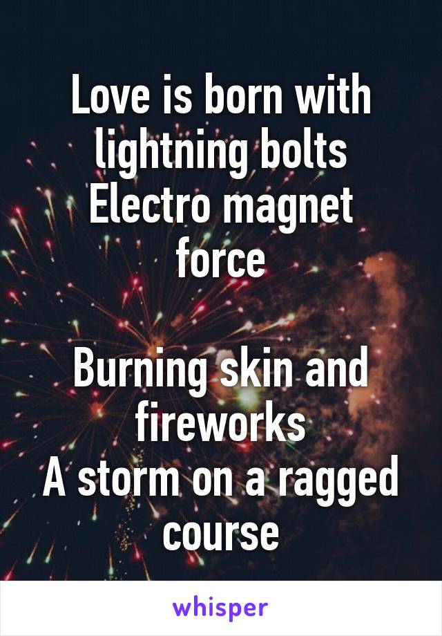 Love is born with lightning bolts
Electro magnet force

Burning skin and fireworks
A storm on a ragged course