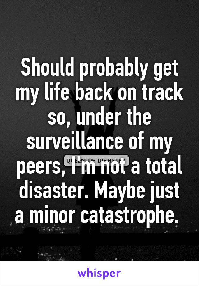 Should probably get my life back on track so, under the surveillance of my peers, I'm not a total disaster. Maybe just a minor catastrophe. 