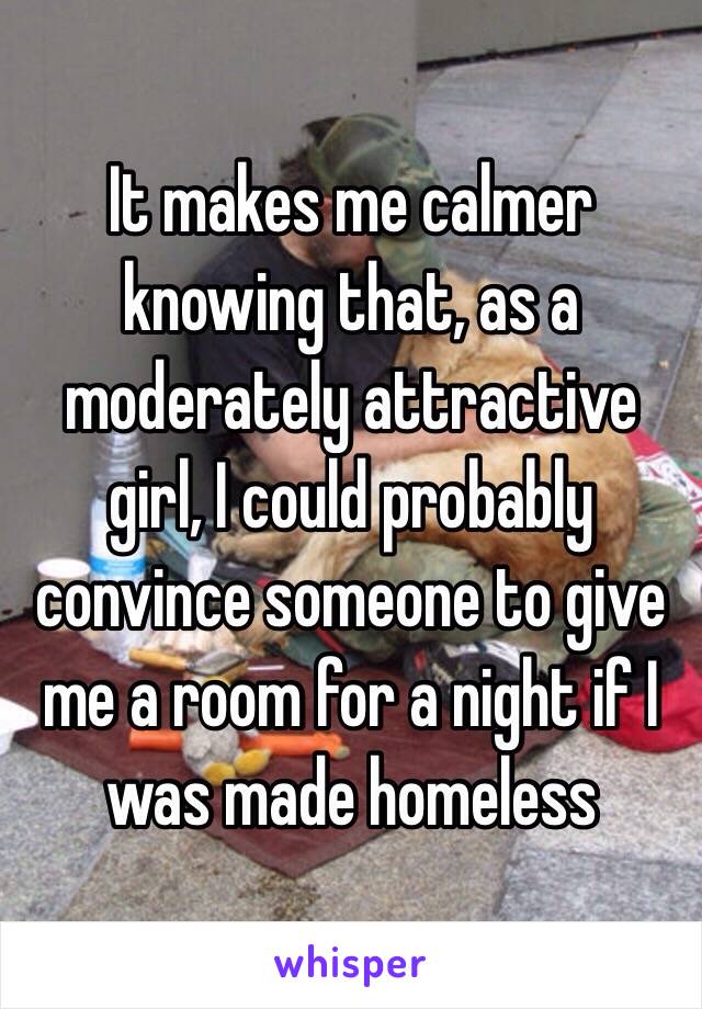 It makes me calmer knowing that, as a moderately attractive girl, I could probably convince someone to give me a room for a night if I was made homeless 
