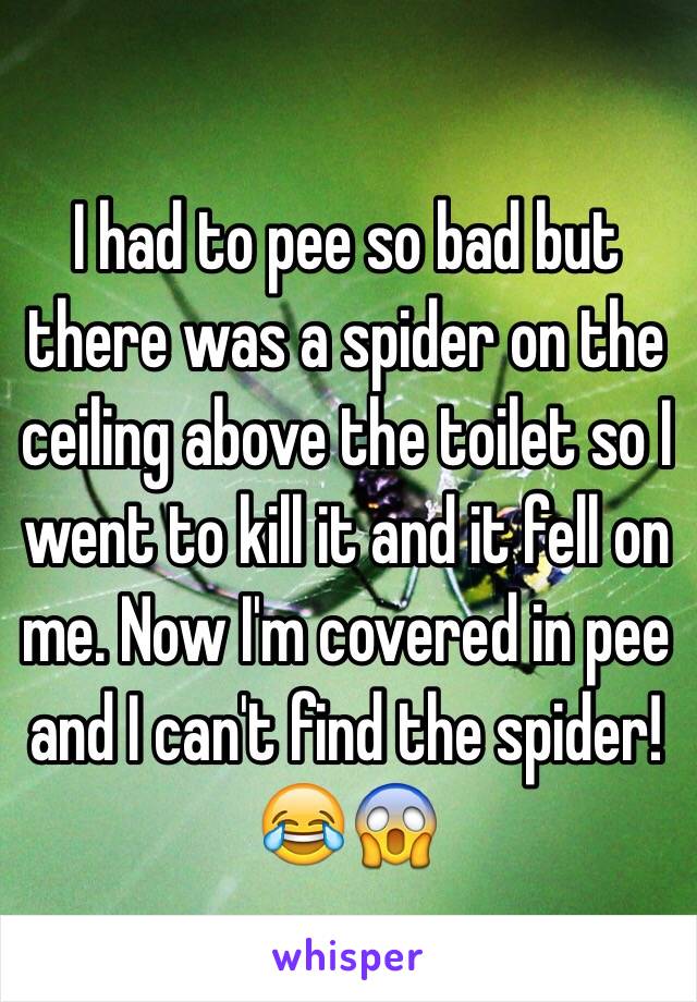 I had to pee so bad but there was a spider on the ceiling above the toilet so I went to kill it and it fell on me. Now I'm covered in pee and I can't find the spider! 😂😱