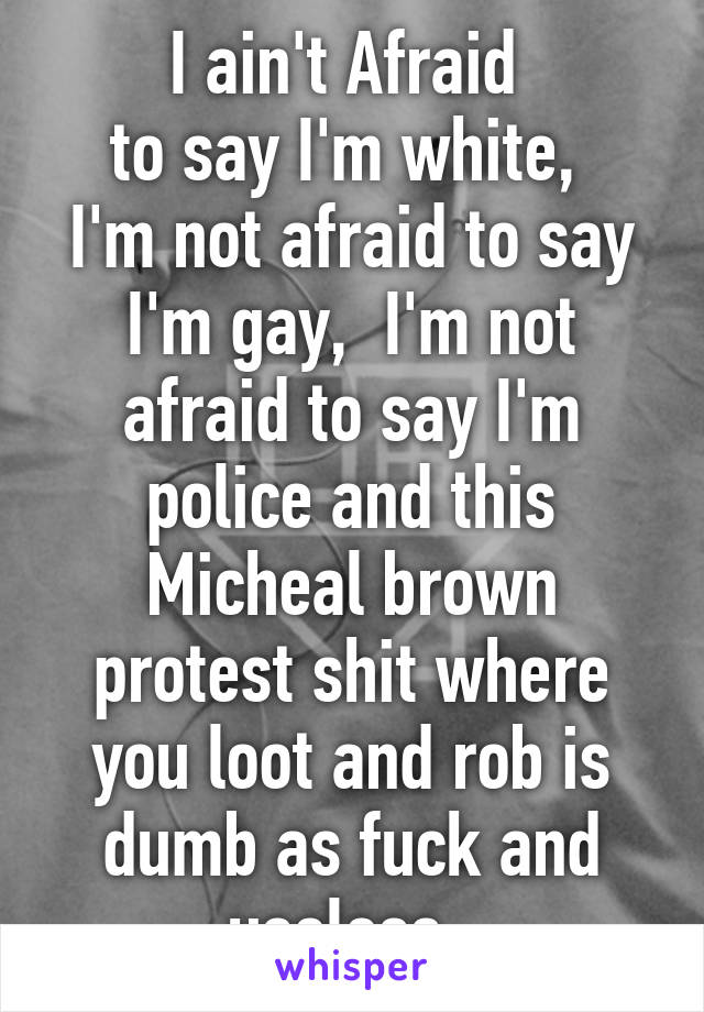 I ain't Afraid 
to say I'm white,  I'm not afraid to say I'm gay,  I'm not afraid to say I'm police and this Micheal brown protest shit where you loot and rob is dumb as fuck and useless. 