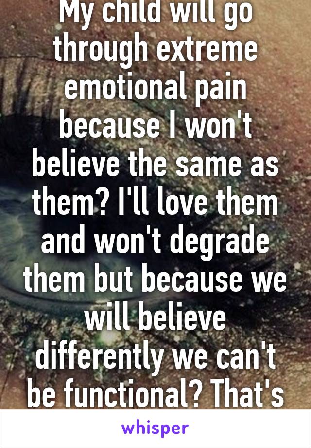 My child will go through extreme emotional pain because I won't believe the same as them? I'll love them and won't degrade them but because we will believe differently we can't be functional? That's beyond ignorant...