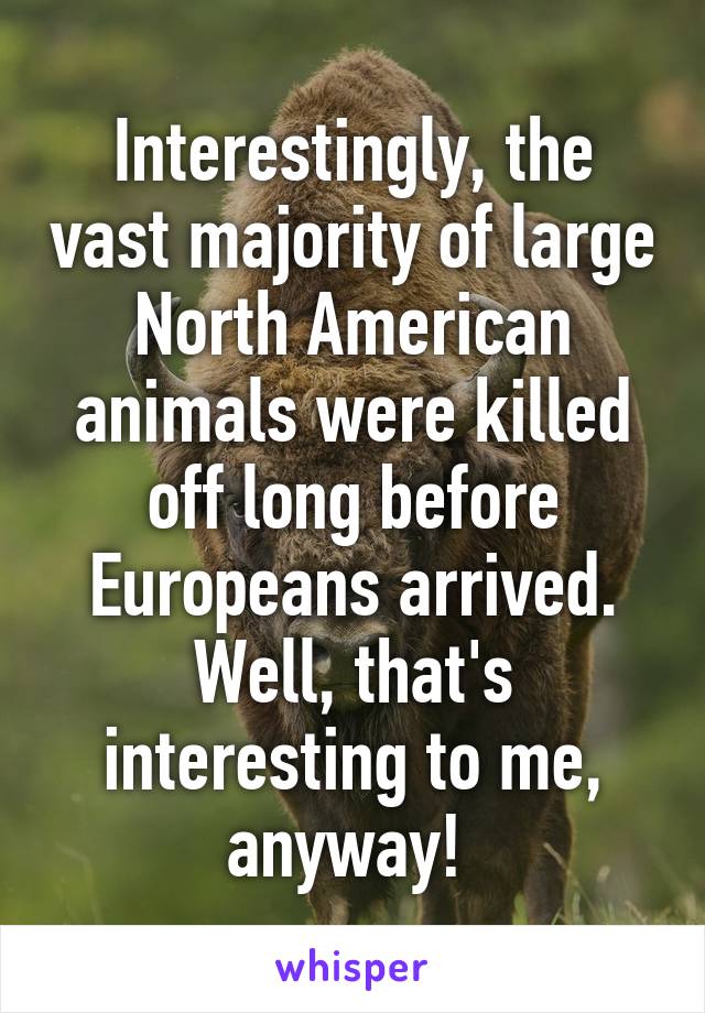 Interestingly, the vast majority of large North American animals were killed off long before Europeans arrived.
Well, that's interesting to me, anyway! 