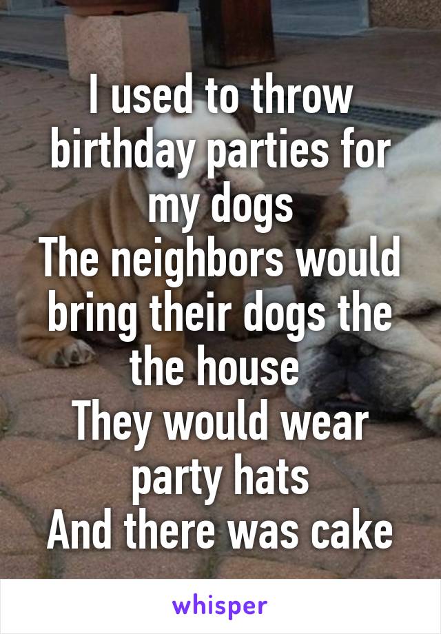 I used to throw birthday parties for my dogs
The neighbors would bring their dogs the the house 
They would wear party hats
And there was cake