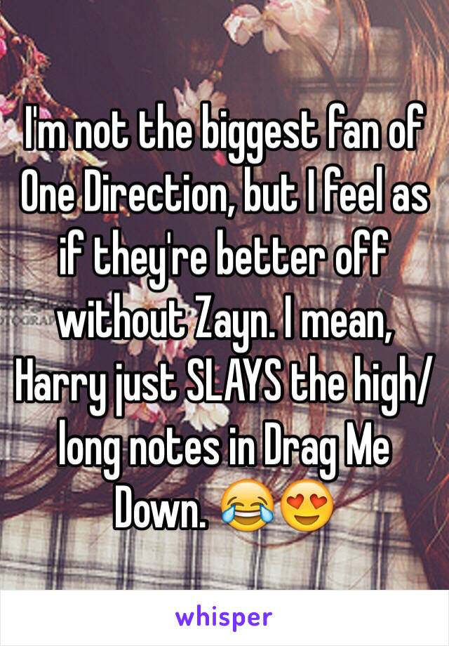 I'm not the biggest fan of One Direction, but I feel as if they're better off without Zayn. I mean, Harry just SLAYS the high/long notes in Drag Me Down. 😂😍