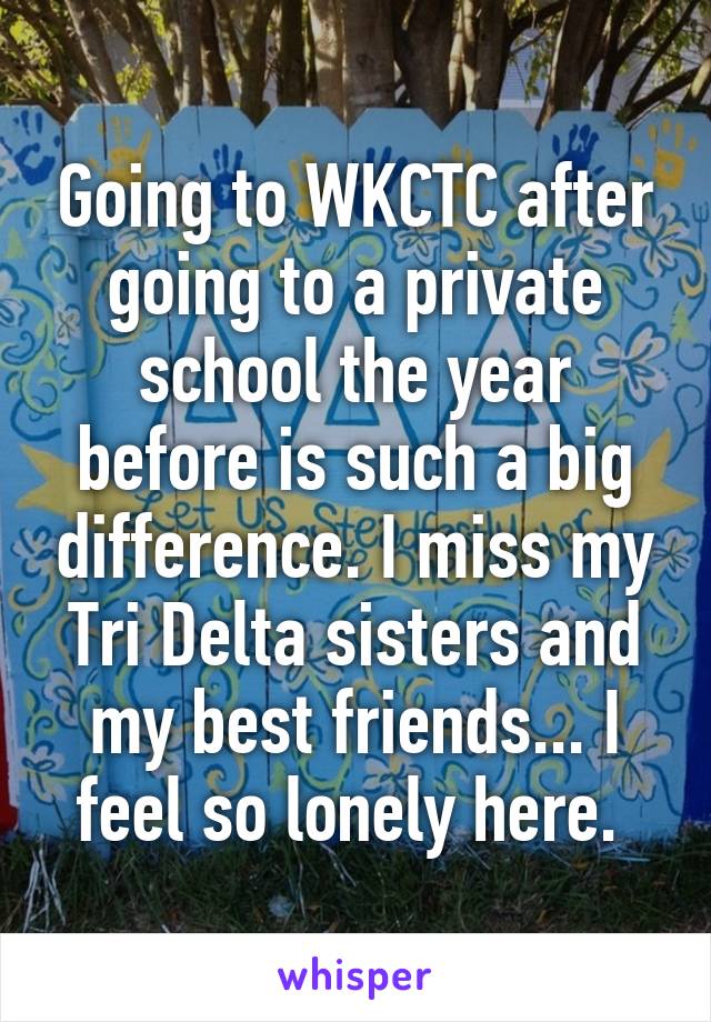 Going to WKCTC after going to a private school the year before is such a big difference. I miss my Tri Delta sisters and my best friends... I feel so lonely here. 