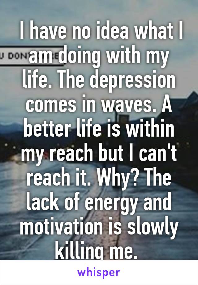  I have no idea what I am doing with my life. The depression comes in waves. A better life is within my reach but I can't reach it. Why? The lack of energy and motivation is slowly killing me. 