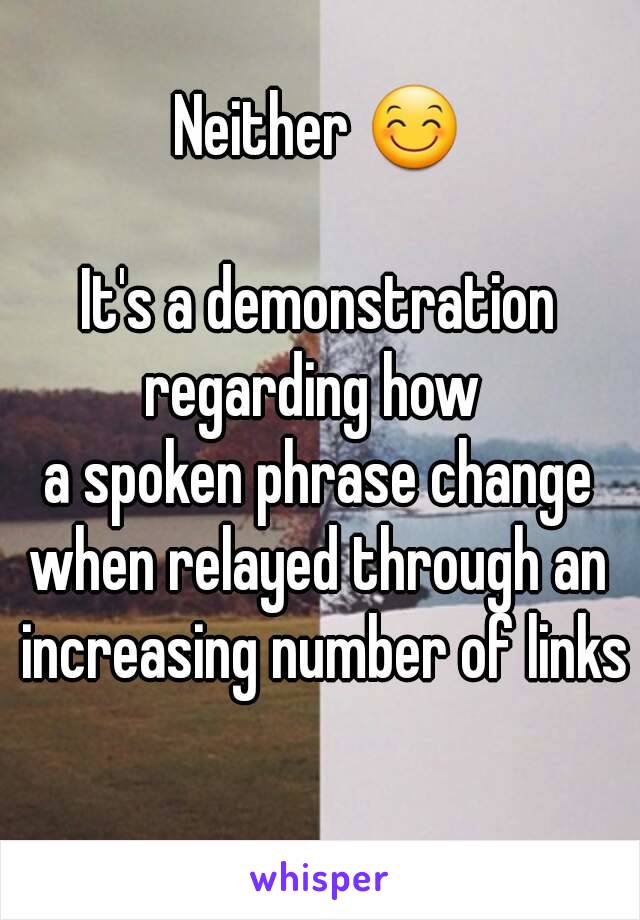 Neither 😊

It's a demonstration
regarding how 
a spoken phrase change
when relayed through an
 increasing number of links 