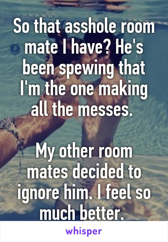 So that asshole room mate I have? He's been spewing that I'm the one making all the messes. 

My other room mates decided to ignore him. I feel so much better. 