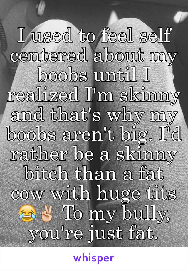 I used to feel self centered about my boobs until I realized I'm skinny and that's why my boobs aren't big. I'd rather be a skinny bitch than a fat cow with huge tits 😂✌️ To my bully, you're just fat.