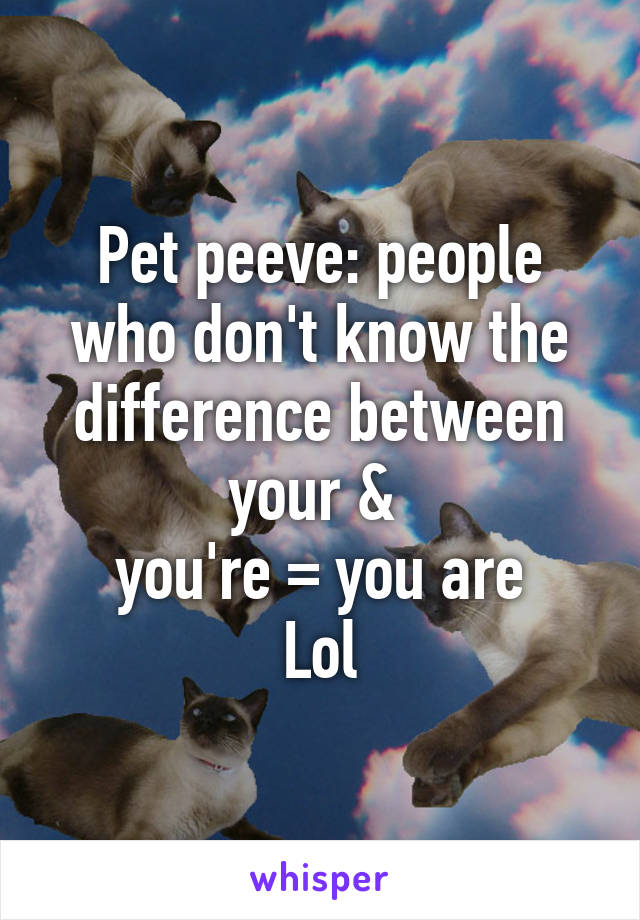 Pet peeve: people who don't know the difference between your & 
you're = you are
Lol