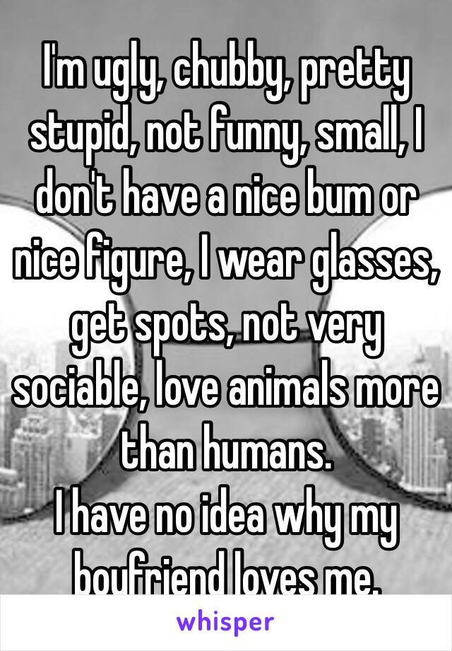 I'm ugly, chubby, pretty stupid, not funny, small, I don't have a nice bum or nice figure, I wear glasses, get spots, not very sociable, love animals more than humans.
I have no idea why my boyfriend loves me.