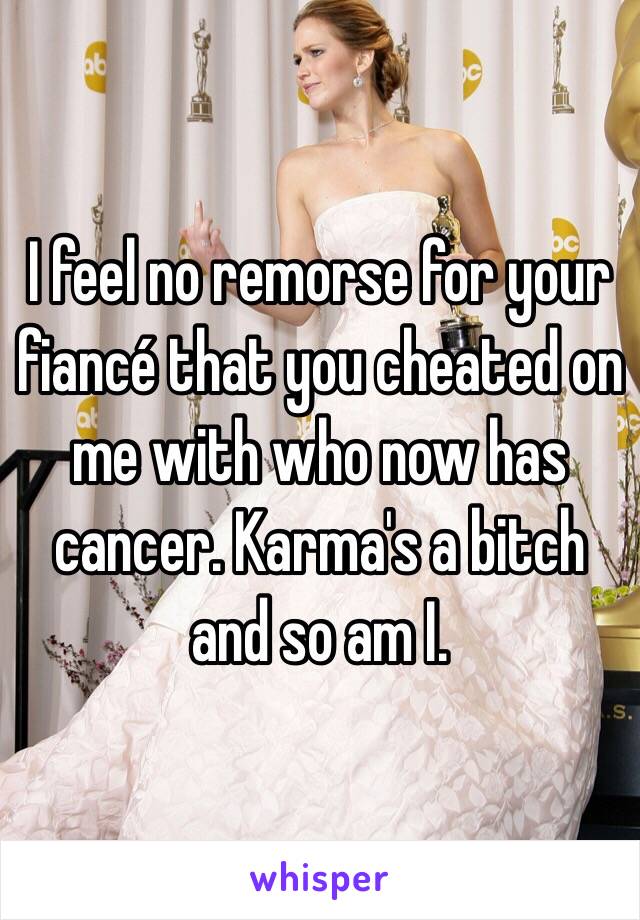 I feel no remorse for your fiancé that you cheated on me with who now has cancer. Karma's a bitch and so am I. 