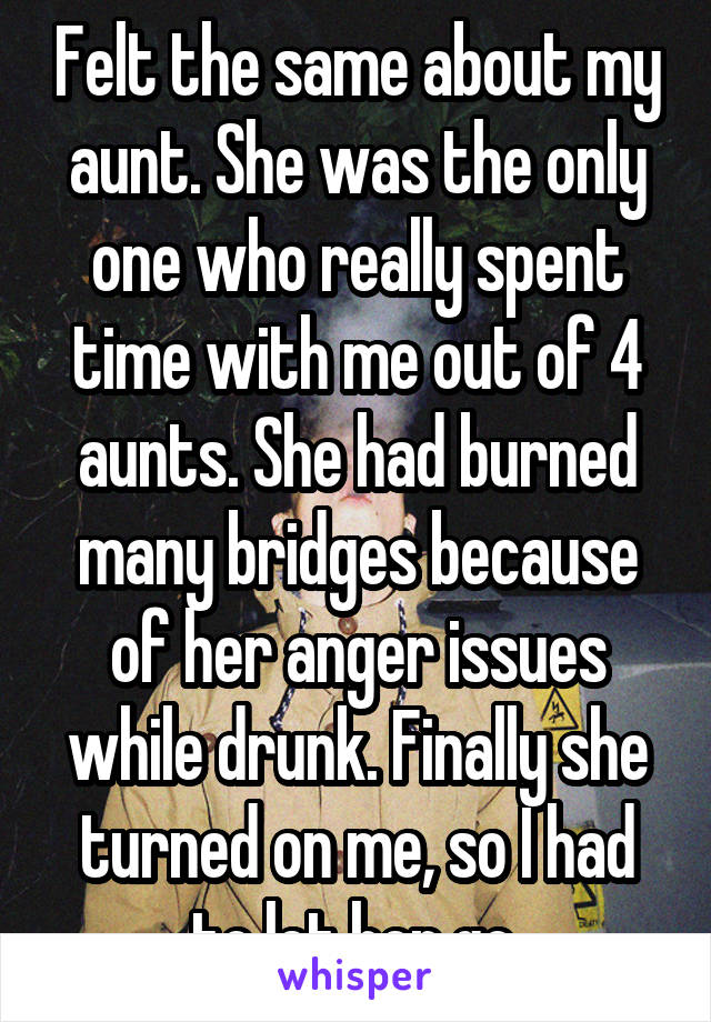 Felt the same about my aunt. She was the only one who really spent time with me out of 4 aunts. She had burned many bridges because of her anger issues while drunk. Finally she turned on me, so I had to let her go.