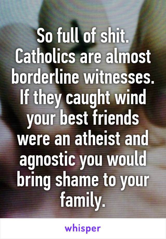 So full of shit. Catholics are almost borderline witnesses. If they caught wind your best friends were an atheist and agnostic you would bring shame to your family.