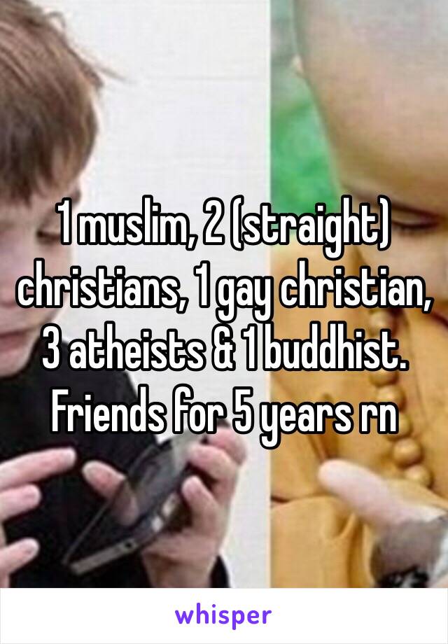 1 muslim, 2 (straight) christians, 1 gay christian, 3 atheists & 1 buddhist. Friends for 5 years rn