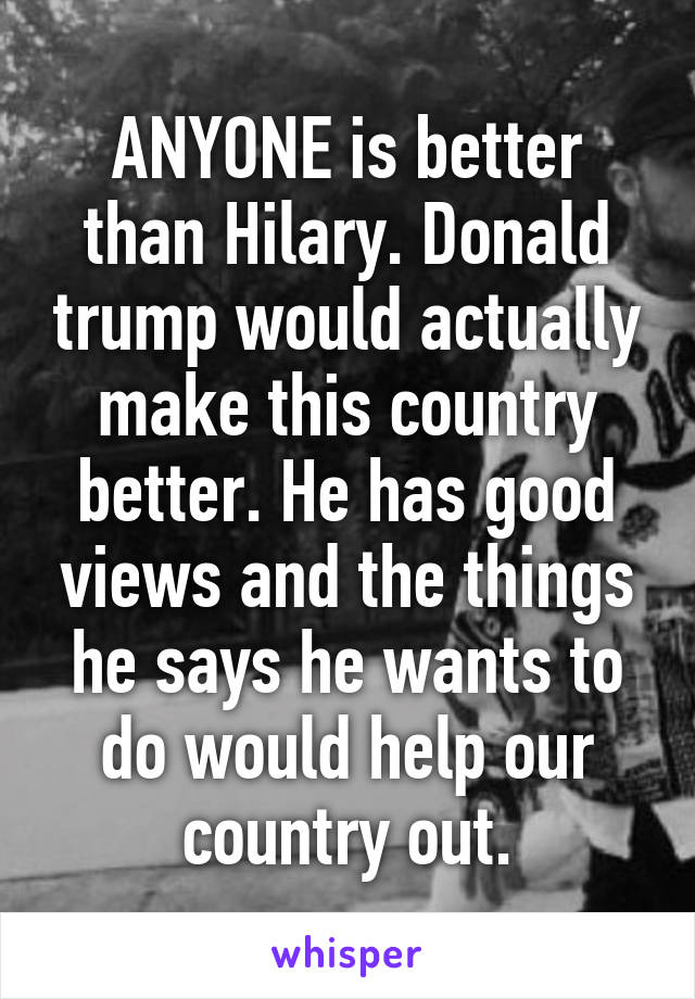 ANYONE is better than Hilary. Donald trump would actually make this country better. He has good views and the things he says he wants to do would help our country out.