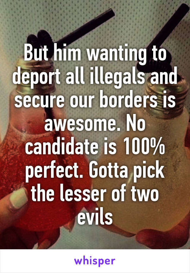 But him wanting to deport all illegals and secure our borders is awesome. No candidate is 100% perfect. Gotta pick the lesser of two evils