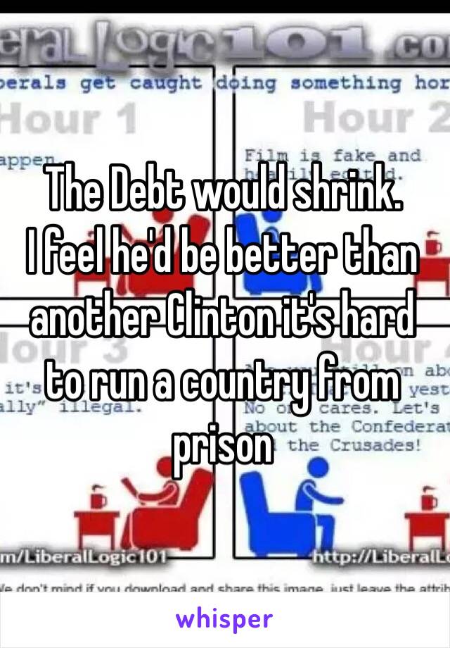 The Debt would shrink.
I feel he'd be better than another Clinton it's hard to run a country from prison