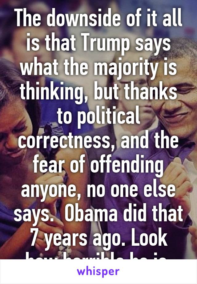 The downside of it all is that Trump says what the majority is thinking, but thanks to political correctness, and the fear of offending anyone, no one else says.  Obama did that 7 years ago. Look how horrible he is.