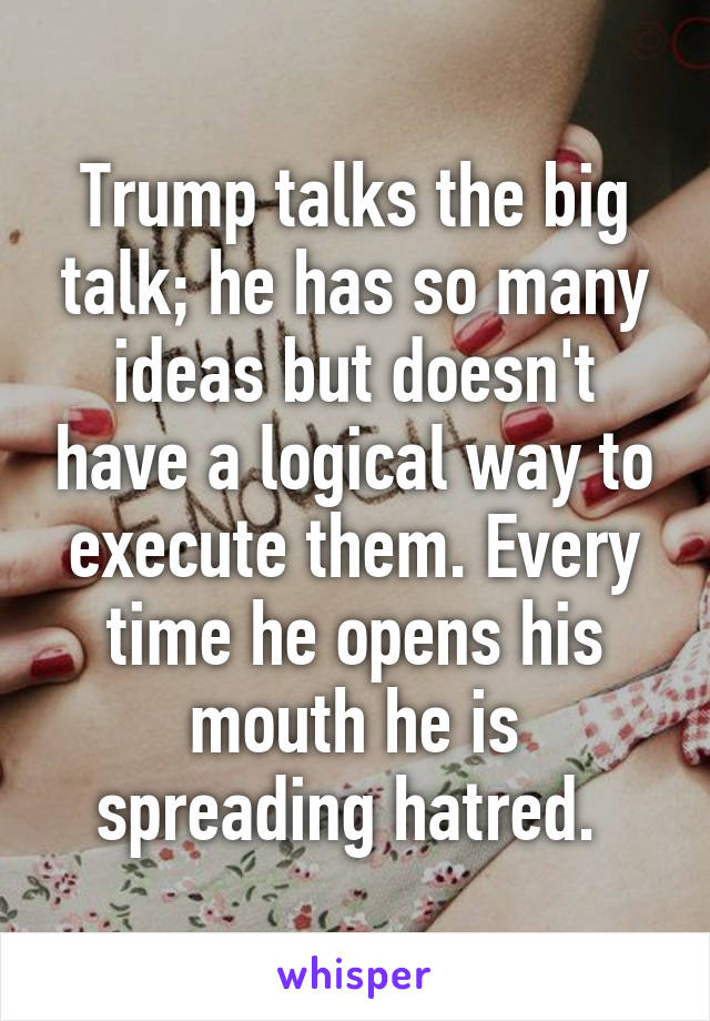 Trump talks the big talk; he has so many ideas but doesn't have a logical way to execute them. Every time he opens his mouth he is spreading hatred. 