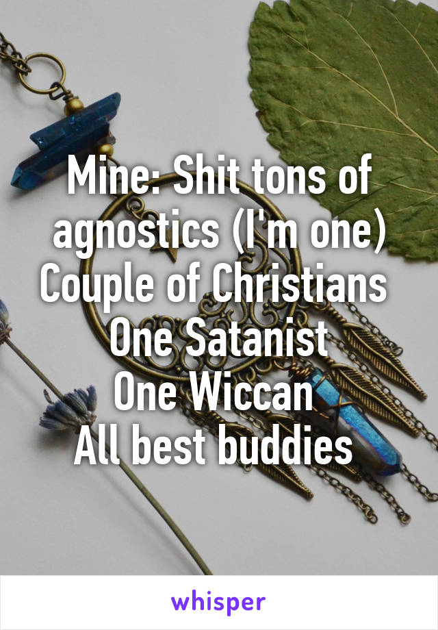 Mine: Shit tons of agnostics (I'm one)
Couple of Christians 
One Satanist
One Wiccan 
All best buddies 