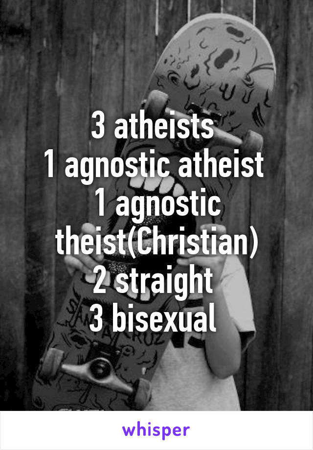 3 atheists 
1 agnostic atheist 
1 agnostic theist(Christian)
2 straight 
3 bisexual 