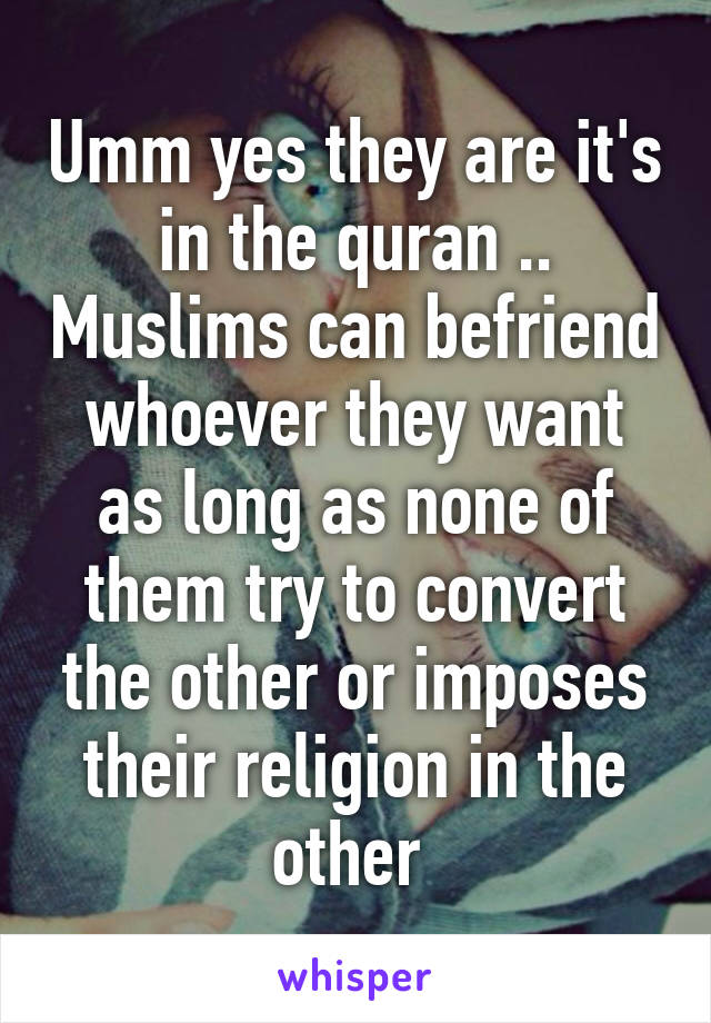 Umm yes they are it's in the quran .. Muslims can befriend whoever they want as long as none of them try to convert the other or imposes their religion in the other 