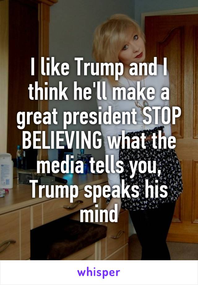 I like Trump and I think he'll make a great president STOP BELIEVING what the media tells you, Trump speaks his mind