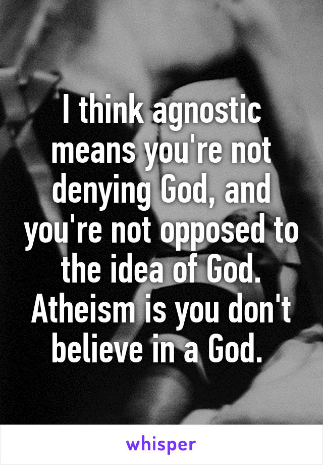 I think agnostic means you're not denying God, and you're not opposed to the idea of God. Atheism is you don't believe in a God. 