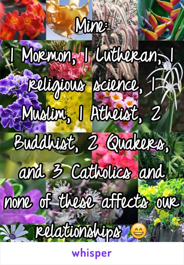 Mine:
1 Mormon, 1 Lutheran, 1 religious science, 1 Muslim, 1 Atheist, 2 Buddhist, 2 Quakers, and 3 Catholics and none of these affects our relationships 😄