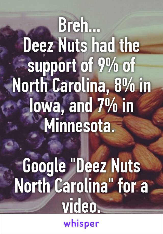 Breh... 
Deez Nuts had the support of 9% of North Carolina, 8% in Iowa, and 7% in Minnesota. 

Google "Deez Nuts North Carolina" for a video.