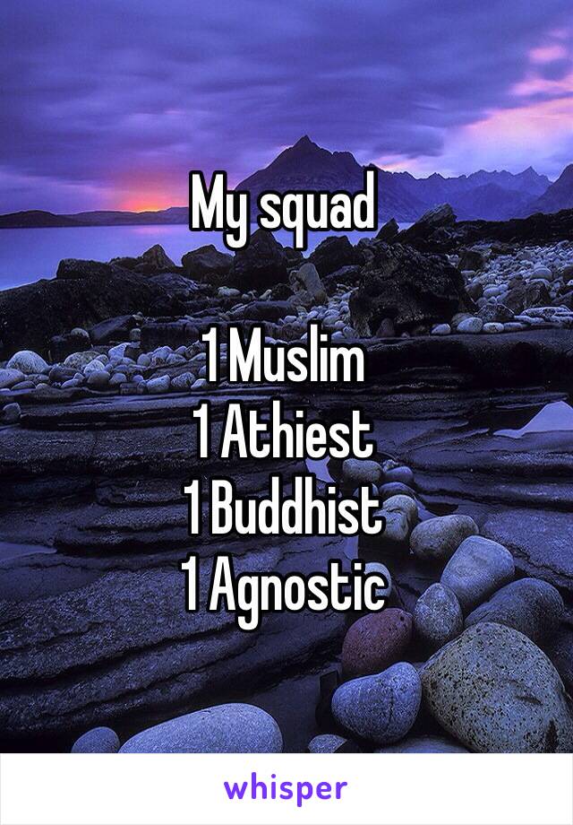 My squad

1 Muslim
1 Athiest
1 Buddhist
1 Agnostic