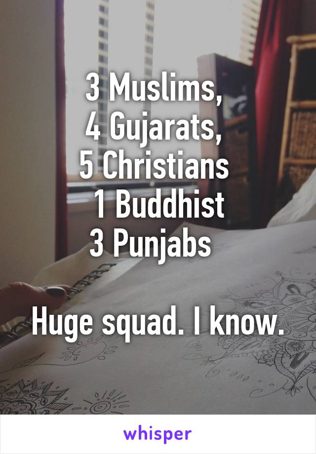 3 Muslims, 
4 Gujarats, 
5 Christians 
1 Buddhist
3 Punjabs  

Huge squad. I know. 