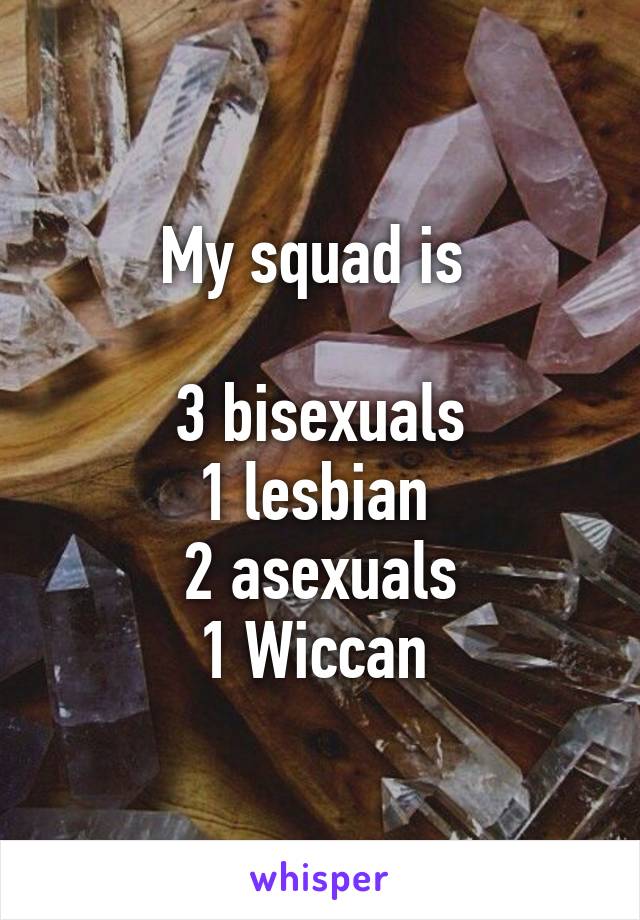 My squad is 

3 bisexuals
1 lesbian 
2 asexuals
1 Wiccan 