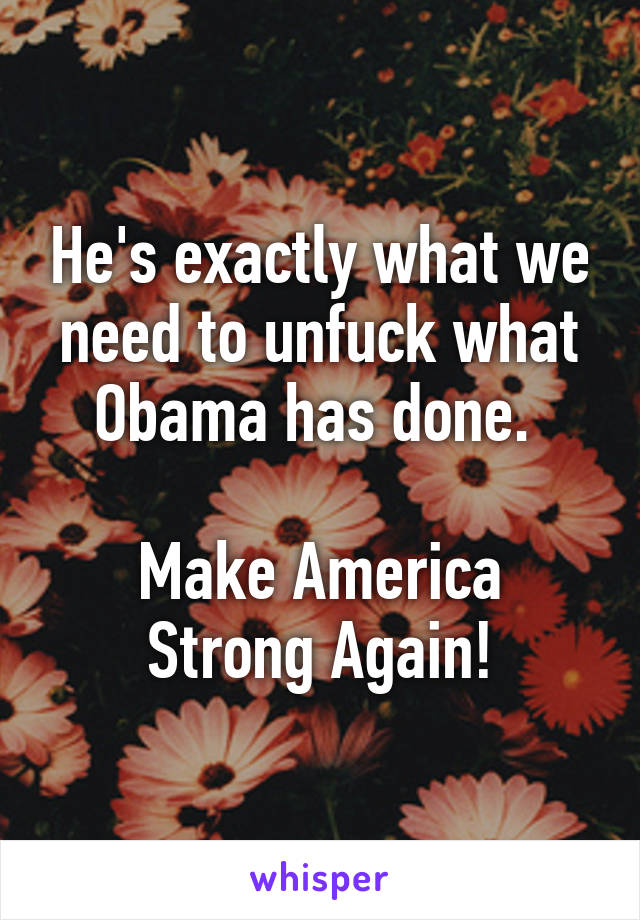 He's exactly what we need to unfuck what Obama has done. 

Make America Strong Again!