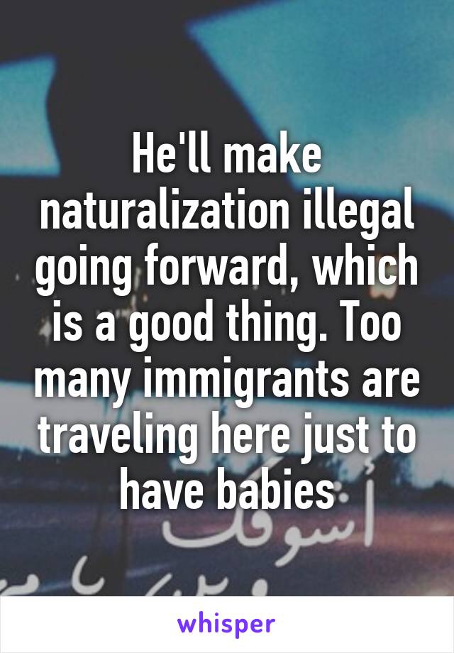 He'll make naturalization illegal going forward, which is a good thing. Too many immigrants are traveling here just to have babies