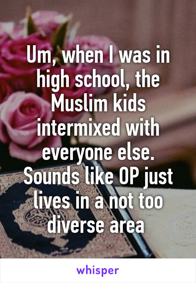 Um, when I was in high school, the Muslim kids intermixed with everyone else. Sounds like OP just lives in a not too diverse area 