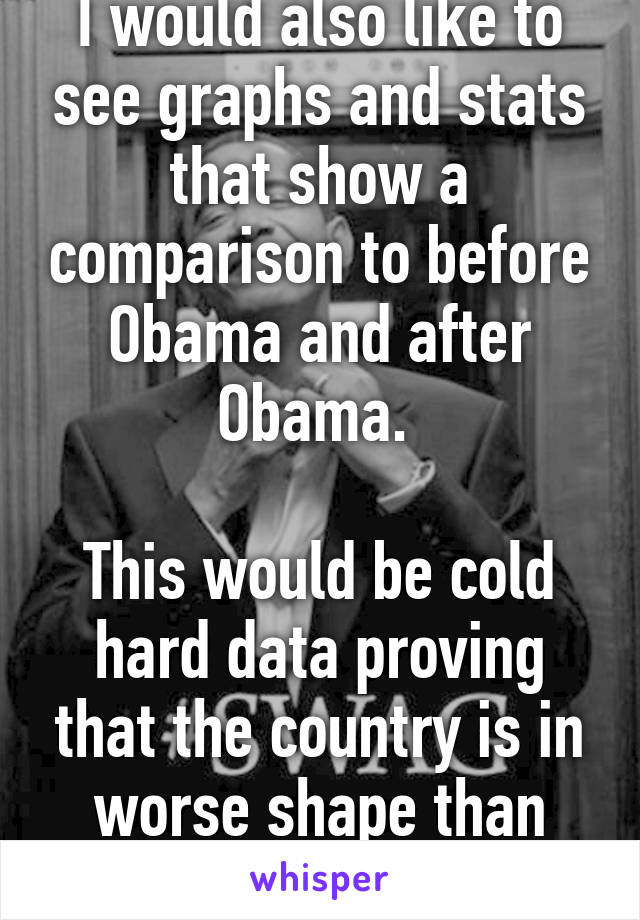 I would also like to see graphs and stats that show a comparison to before Obama and after Obama. 

This would be cold hard data proving that the country is in worse shape than before 