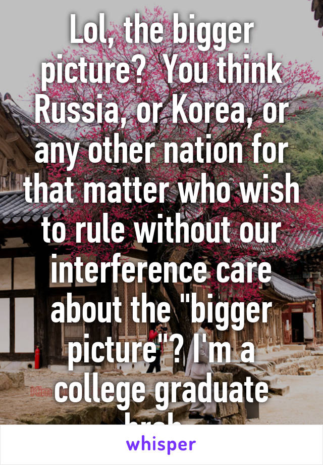 Lol, the bigger picture?  You think Russia, or Korea, or any other nation for that matter who wish to rule without our interference care about the "bigger picture"? I'm a college graduate brah. 