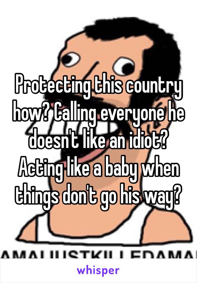 Protecting this country how? Calling everyone he doesn't like an idiot? Acting like a baby when things don't go his way?