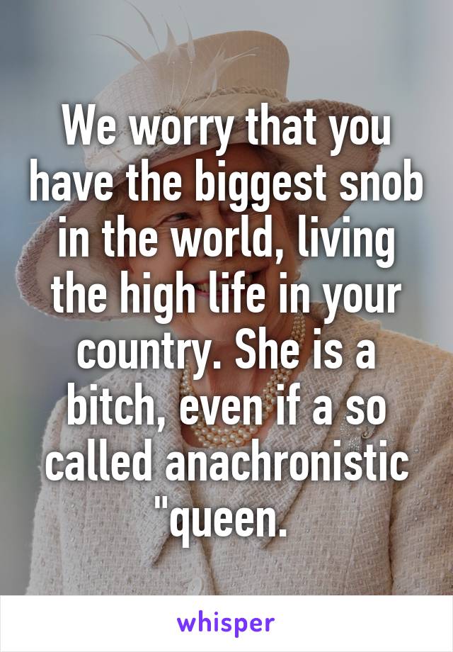 We worry that you have the biggest snob in the world, living the high life in your country. She is a bitch, even if a so called anachronistic "queen. 