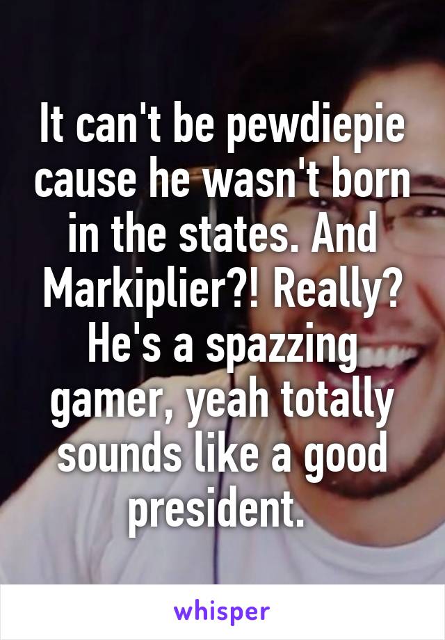 It can't be pewdiepie cause he wasn't born in the states. And Markiplier?! Really? He's a spazzing gamer, yeah totally sounds like a good president. 