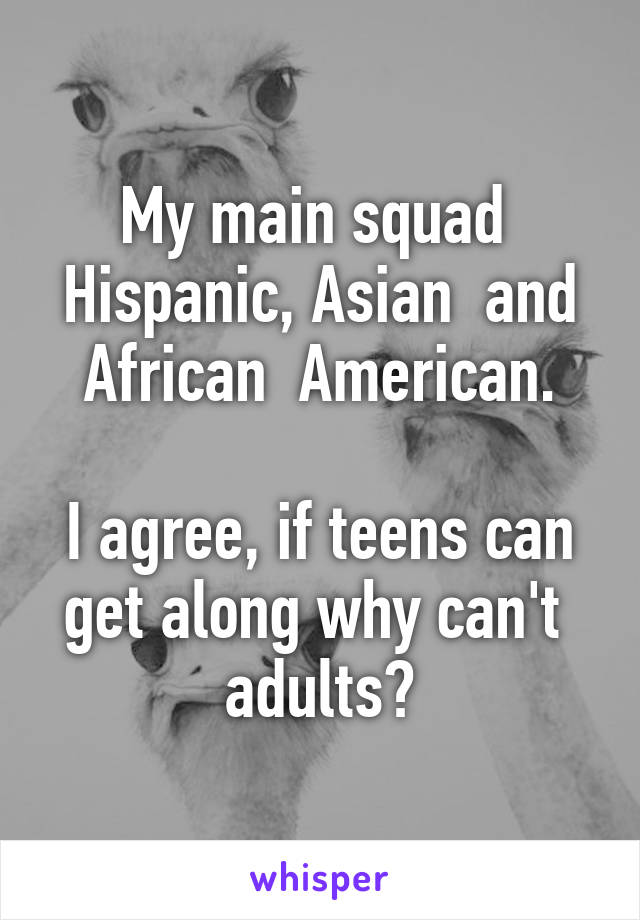 My main squad 
Hispanic, Asian  and African  American.

I agree, if teens can get along why can't  adults?