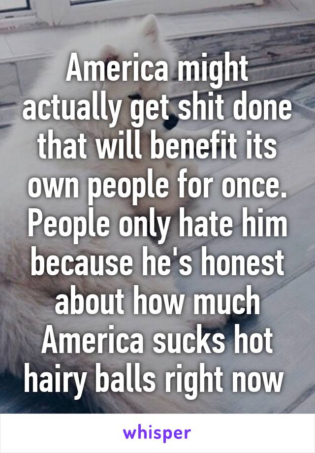 America might actually get shit done that will benefit its own people for once. People only hate him because he's honest about how much America sucks hot hairy balls right now 