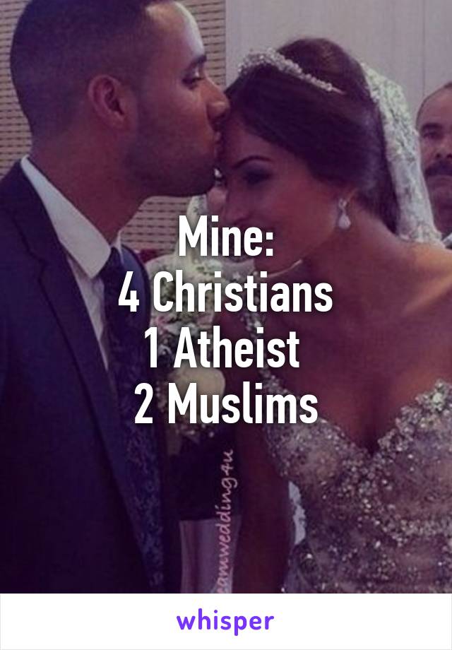 Mine:
4 Christians
1 Atheist 
2 Muslims