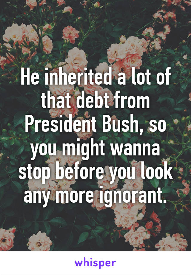 He inherited a lot of that debt from President Bush, so you might wanna stop before you look any more ignorant.