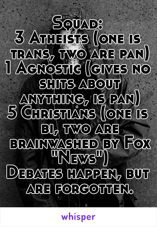 Squad:
3 Atheists (one is trans, two are pan)
1 Agnostic (gives no shits about anything, is pan)
5 Christians (one is bi, two are brainwashed by Fox "News")
Debates happen, but are forgotten.