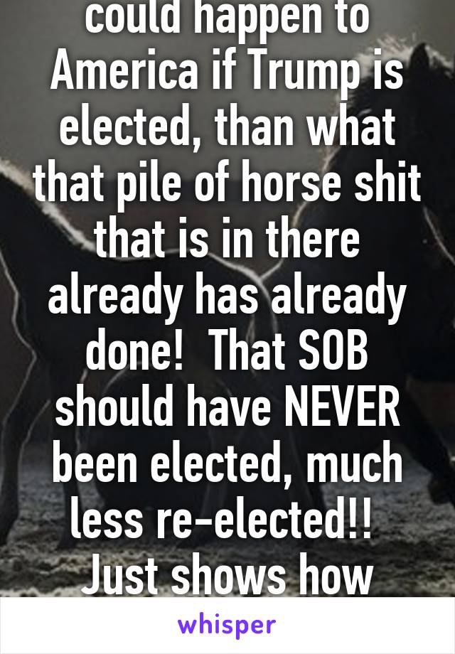 Nothing any worse could happen to America if Trump is elected, than what that pile of horse shit that is in there already has already done!  That SOB should have NEVER been elected, much less re-elected!!  Just shows how fuckin stupid democrats are!!